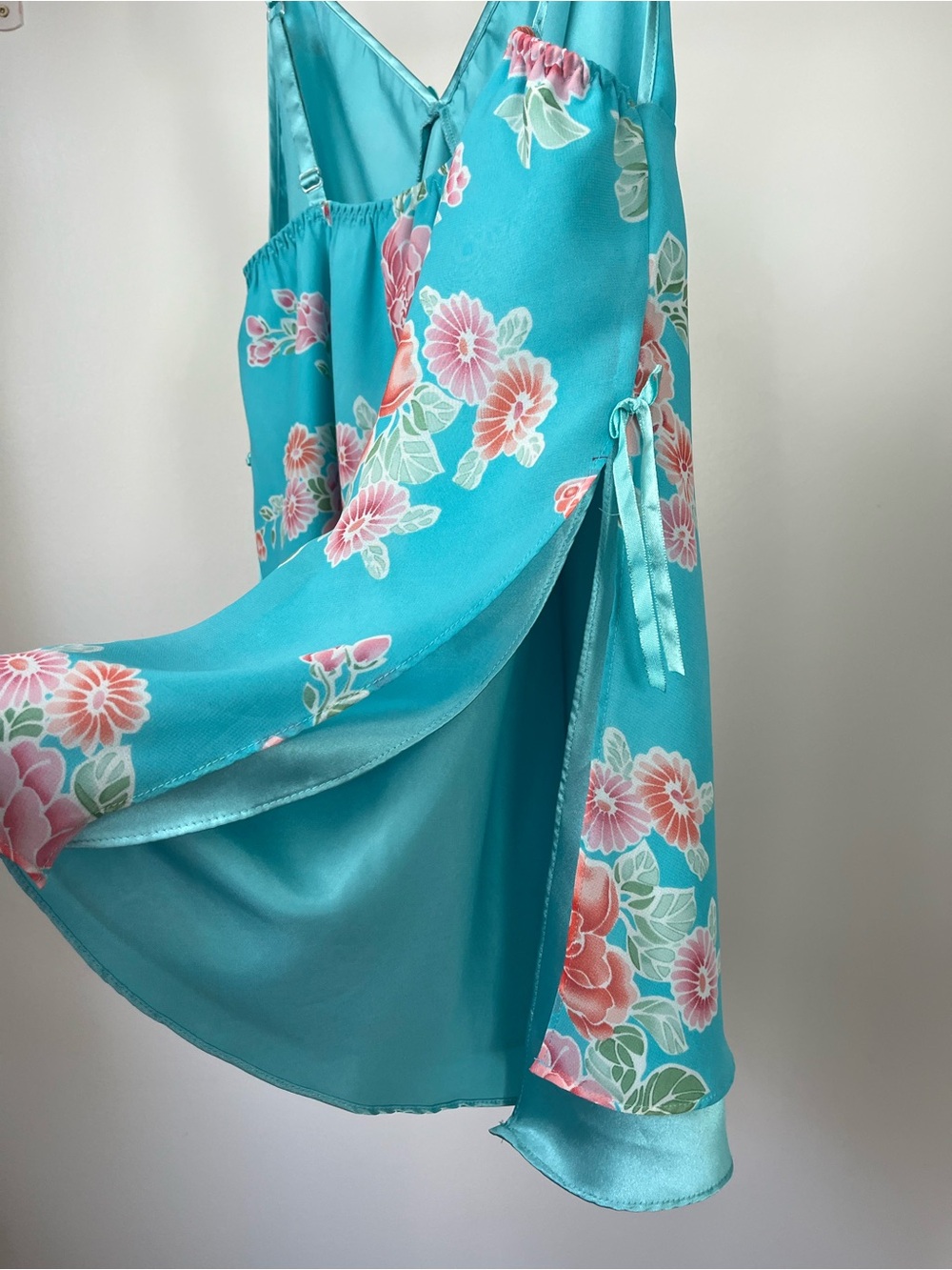 Y2K La Vie En Rose Floral Satin Chemise Slip with Pink Flower Print - Picture 6 of 14